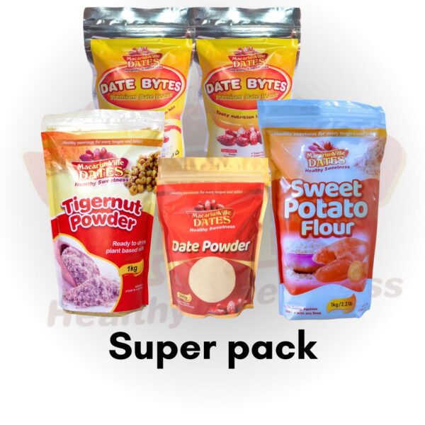 Sweet Potato flour (1kg), Date powder (500g), Tigernut powder (500g), Date Bytes (2 pieces)