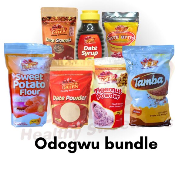 Date powder (500g), Tigernut powder (500g), Date Granola (250g), Date syrup (50cl), Sweet potato flour(1kg), Tamba flour (1kg), Date Bytes (1 piece), Finest Date fruit (650g)