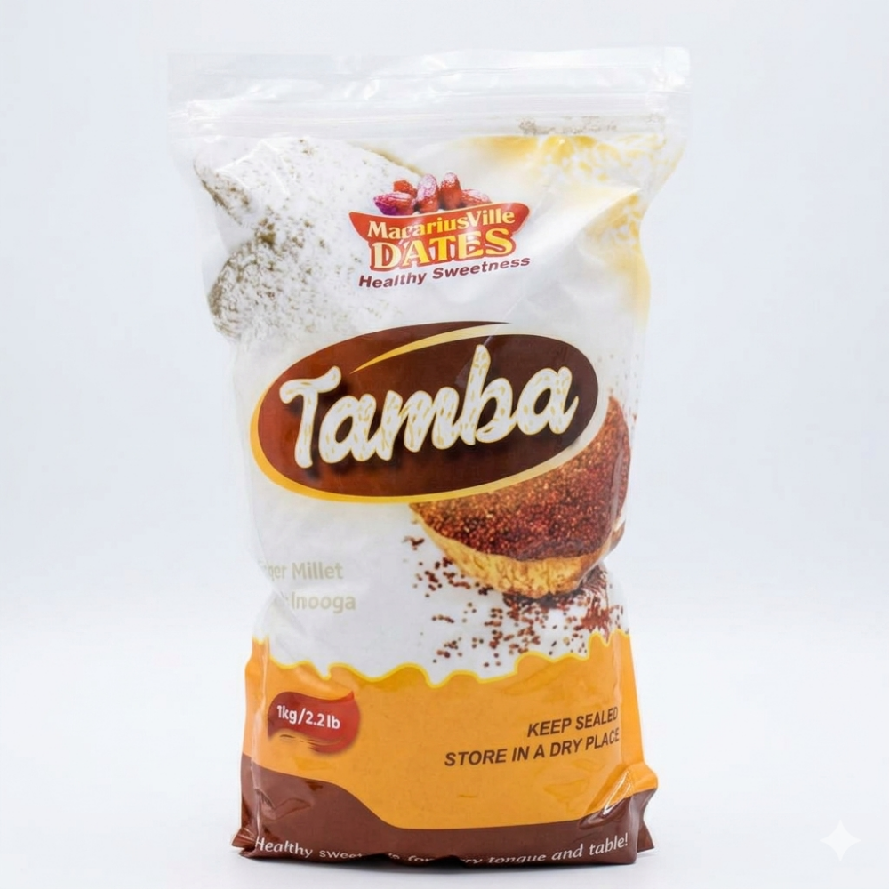 MacariusVille Tamba Finger Millet Flour 1kg resealable pouch with brown label showing millet grain bowl — gluten-free Nigerian finger millet flour for baking and swallow