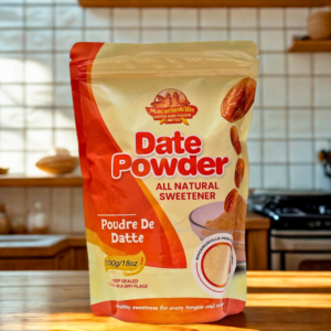 MacariusVille Date Powder 500g pouch — all-natural date sweetener with floating dates and powder bowl, placed on wooden kitchen counter
